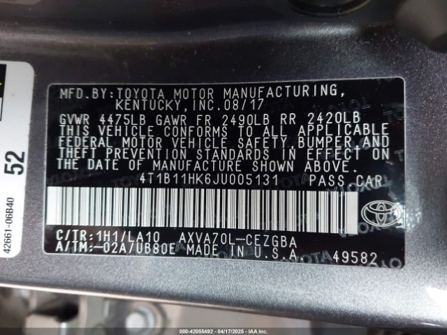 4T1B11HK6JU005131 Toyota CAMRY XLE