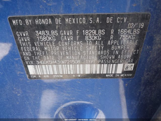 3HGGK5H43KM721508 Honda FIT LX