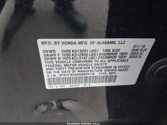 5FNYF8H5XKB024116 Honda Passport Ex-l