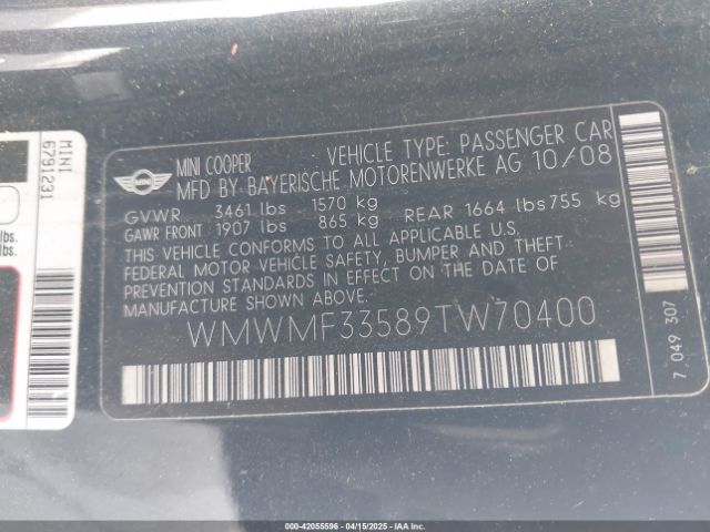2009 MINI COOPER WMWMF33589TW70400 Photo 8