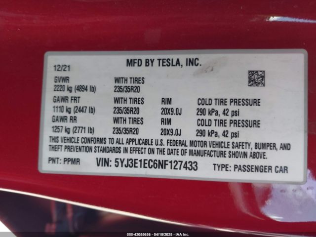 5YJ3E1EC6NF127433 Tesla Model 3 Performance Dual Motor All-wheel Drive