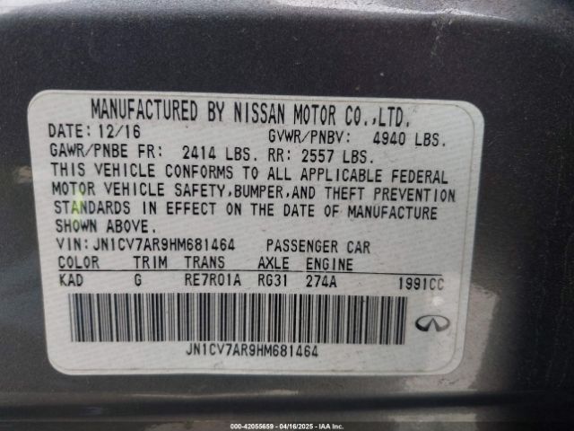JN1CV7AR9HM681464 Infiniti Q50 2.0t Premium
