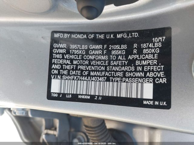 SHHFK7H44JU403467 Honda Civic Sport