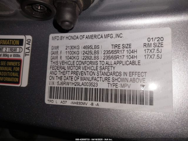 5J6RW1H29LA003523 Honda Cr-v 2wd Lx