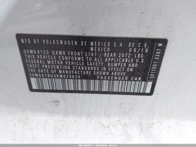 3VWG57BU3KM039624 Volkswagen Jetta 1.4t Sel Premium