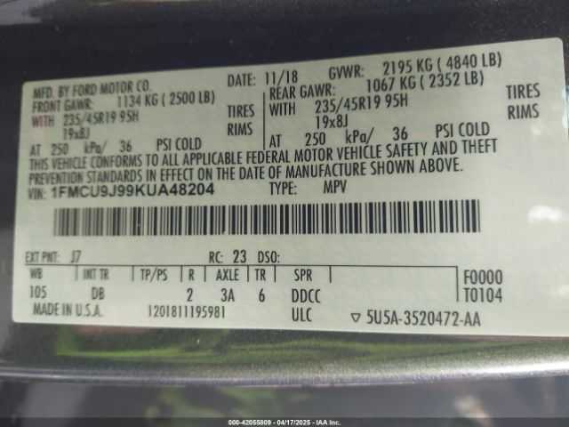 1FMCU9J99KUA48204 Ford Escape Titanium