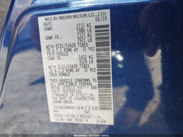 5N1DR2MM8KC647338 Nissan Pathfinder Platinum