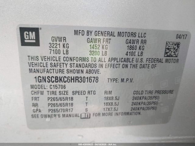 1GNSCBKC6HR301678 Chevrolet Tahoe Lt
