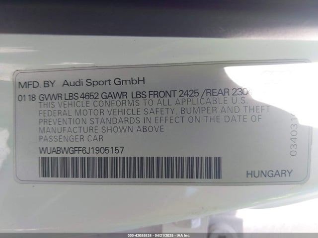 2018 AUDI RS 3 WUABWGFF6J1905157 Photo 8