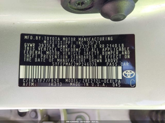 5YFEPMAE2MP246076 Toyota COROLLA LE