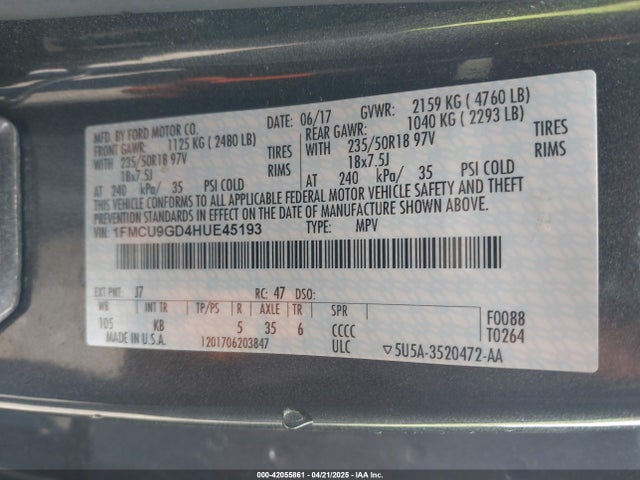 1FMCU9GD4HUE45193 Ford ESCAPE SE