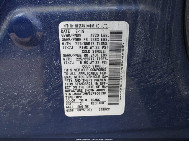 JN8AT2MV5LW106138 Nissan Rogue S Intelligent Awd