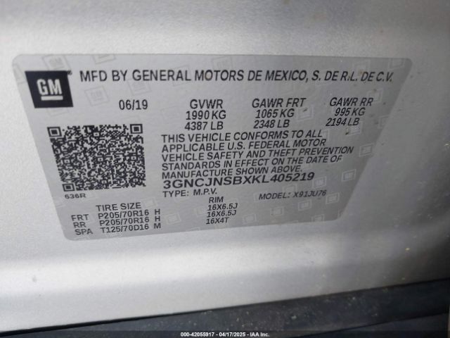 3GNCJNSBXKL405219 Chevrolet TRAX LS