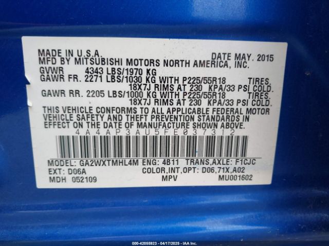 4A4AP3AU5FE037312 Mitsubishi Outlander Sport Es