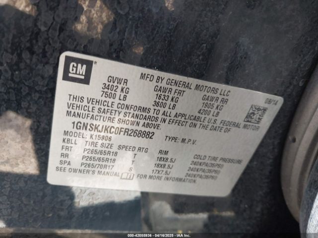 1GNSKJKC0FR268882 Chevrolet Suburban 1500 Lt
