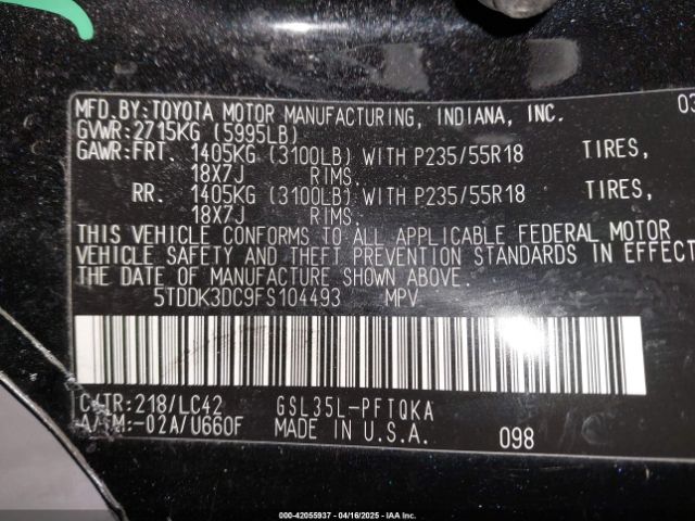 5TDDK3DC9FS104493 Toyota Sienna Xle Premium 7 Passenger