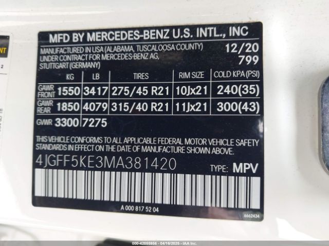 4JGFF5KE3MA381420 Mercedes-Benz Gls 450 4matic