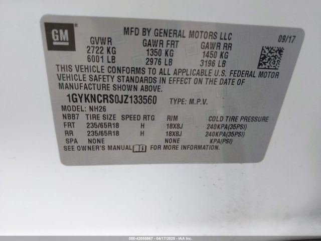 1GYKNCRS0JZ133560 Cadillac XT5 LUXURY