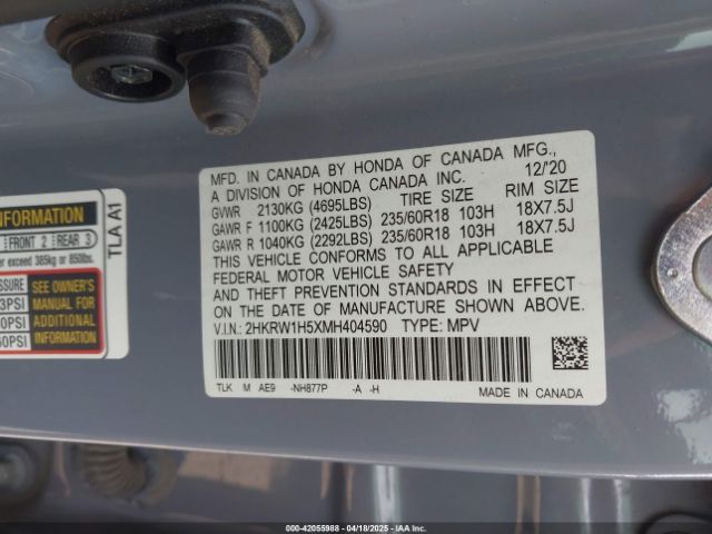 2HKRW1H5XMH404590 Honda Cr-v 2wd Ex