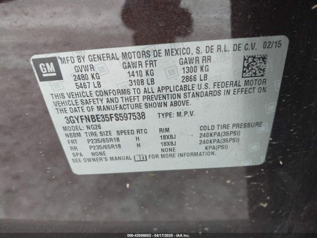 3GYFNBE35FS597538 Cadillac Srx Luxury Collection