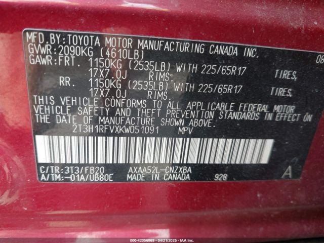 2T3H1RFVXKW051091 Toyota RAV4 LE