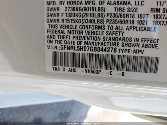 5FNRL5H97GB044278 Honda Odyssey Touring/touring Elite