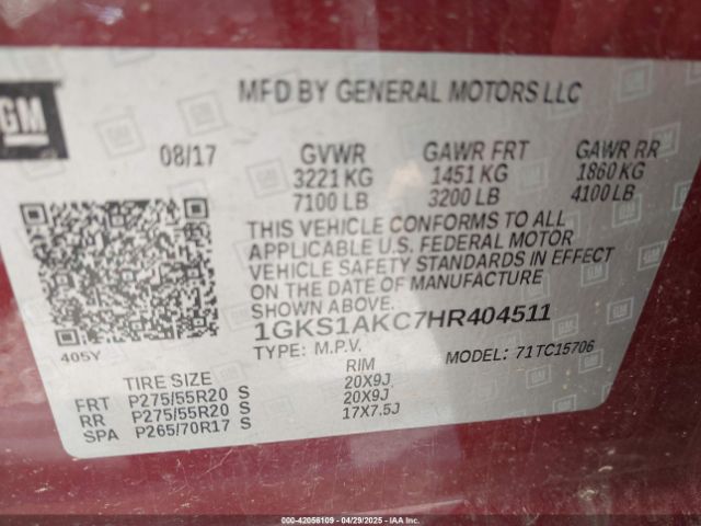 1GKS1AKC7HR404511 GMC YUKON SLE
