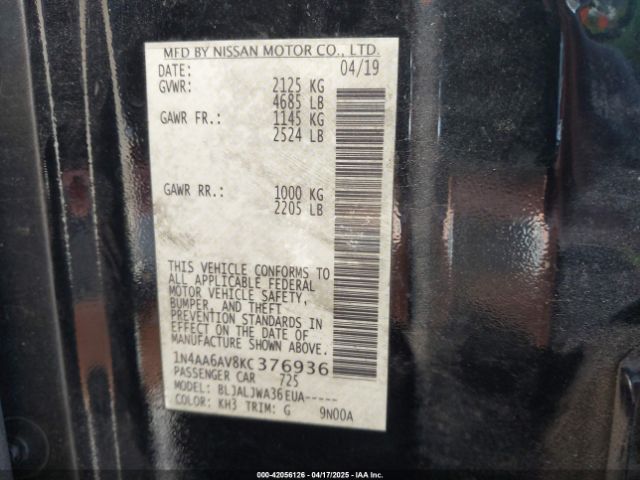1N4AA6AV8KC376936 Nissan Maxima 3.5 Sv