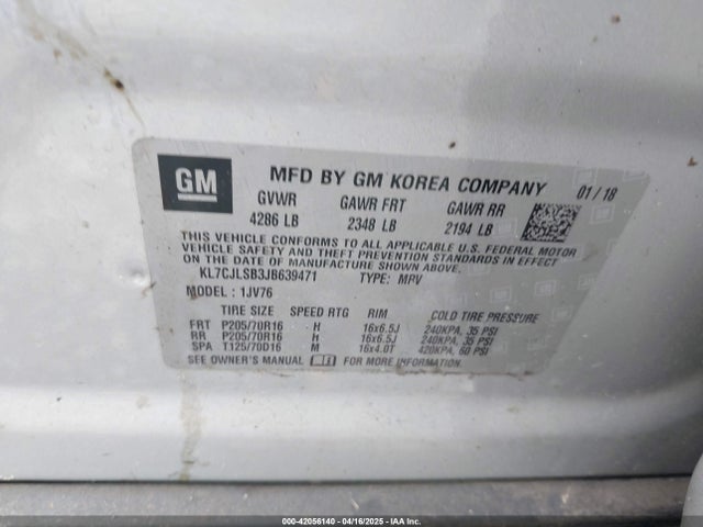 KL7CJLSB3JB639471 Chevrolet Trax Lt