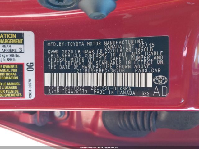 2T1BURHE6FC436206 Toyota Corolla S