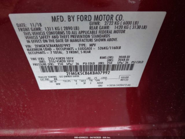 2FMGK5C86KBA07992 Ford FLEX SEL