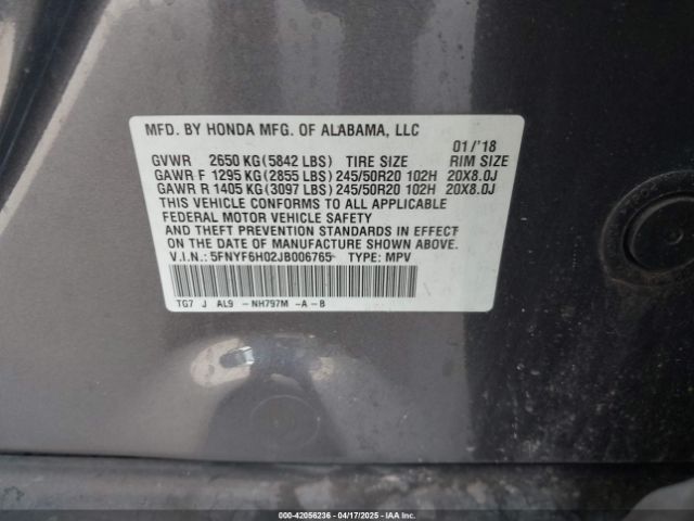5FNYF6H02JB006765 Honda Pilot Elite