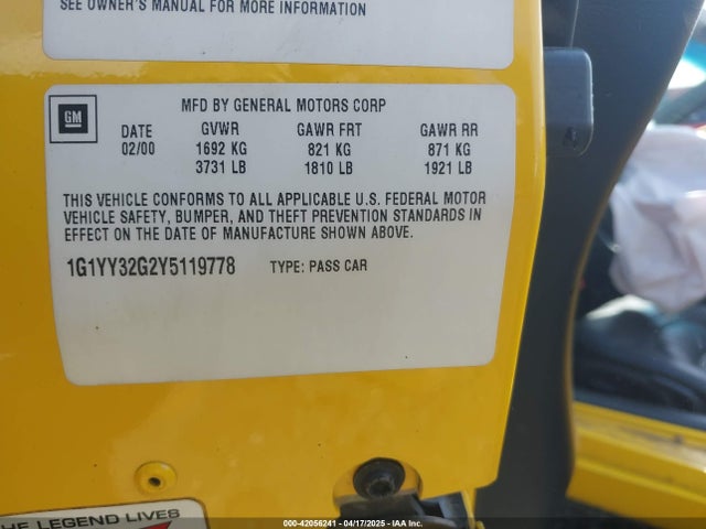 42056241 :رقم المزاد ، 1G1YY32G2Y5119778 vin ، 2000 Chevrolet Corvette مزاد بيع