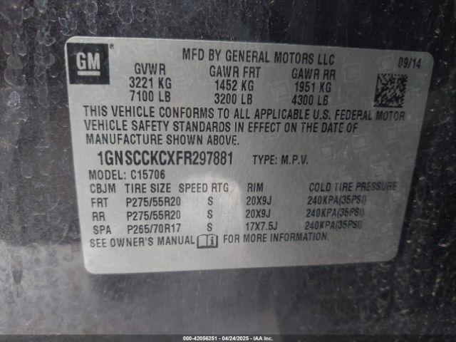 1GNSCCKCXFR297881 Chevrolet Tahoe Ltz