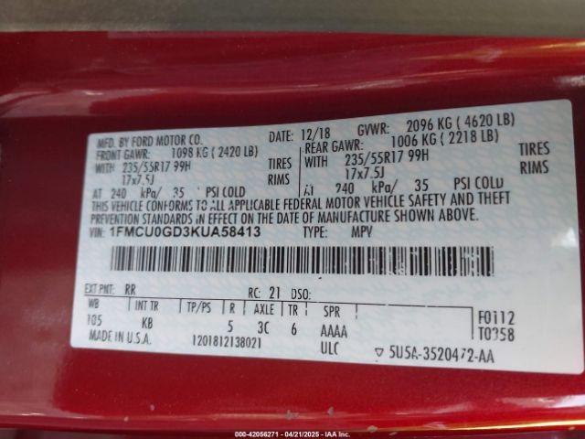 1FMCU0GD3KUA58413 Ford ESCAPE SE