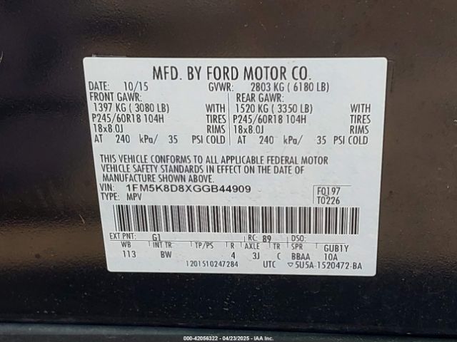 1FM5K8D8XGGB44909 Ford EXPLORER XLT