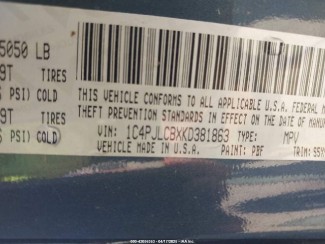 1C4PJLCBXKD381863 Jeep Cherokee Latitude Fwd