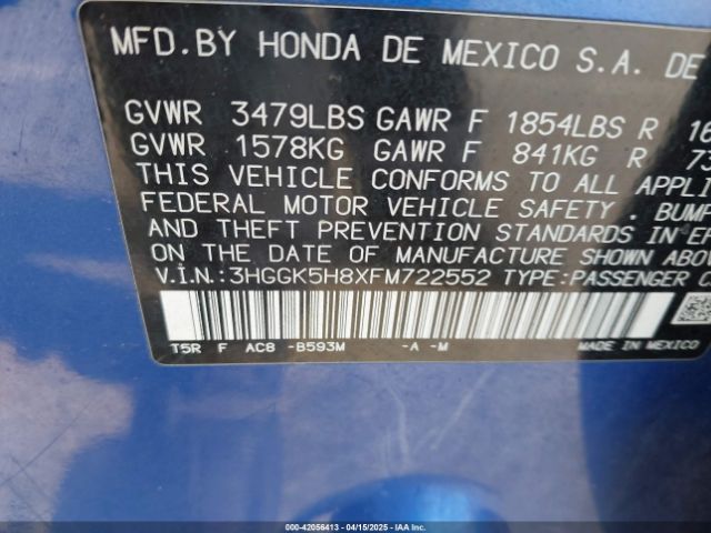 3HGGK5H8XFM722552 Honda Fit Ex/ex-l