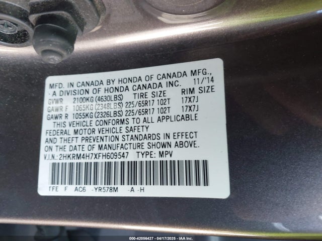 2HKRM4H7XFH609547 Honda Cr-v Ex-l