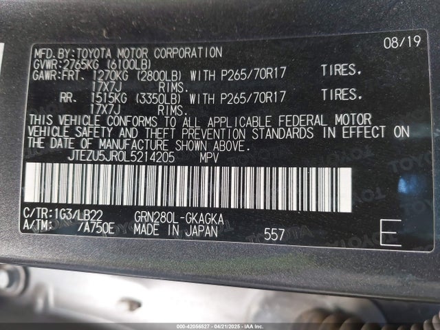 JTEZU5JR0L5214205 Toyota 4runner Sr5 Premium