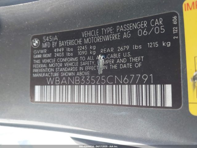 2005 BMW 545I WBANB33525CN67791 Photo 8