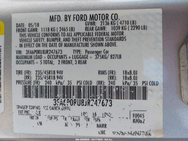 3FA6P0RU8JR247673 Ford Fusion Hybrid Titanium