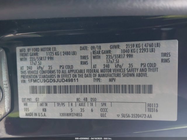 1FMCU9GD9JUD49811 Ford ESCAPE SE