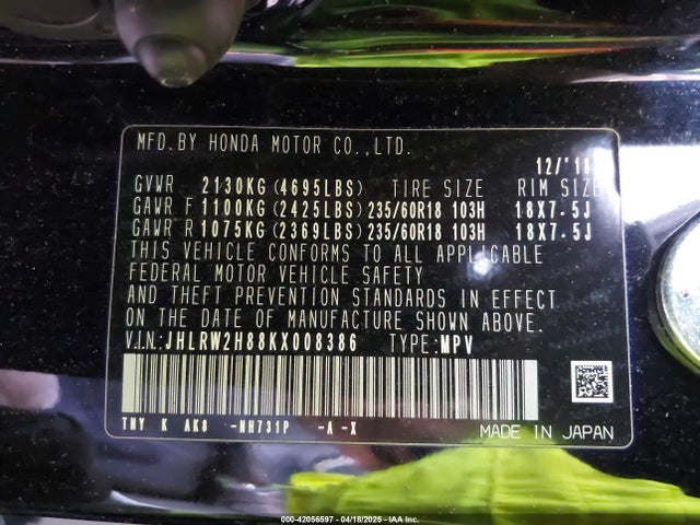 JHLRW2H88KX008386 Honda Cr-v Ex-l