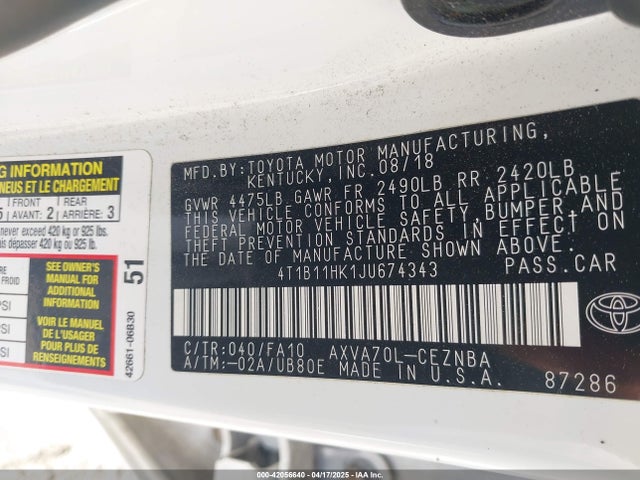 4T1B11HK1JU674343 Toyota CAMRY LE