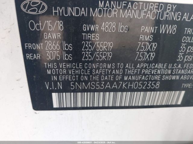 5NMS53AA7KH052358 Hyundai Santa Fe Limited 2.0t