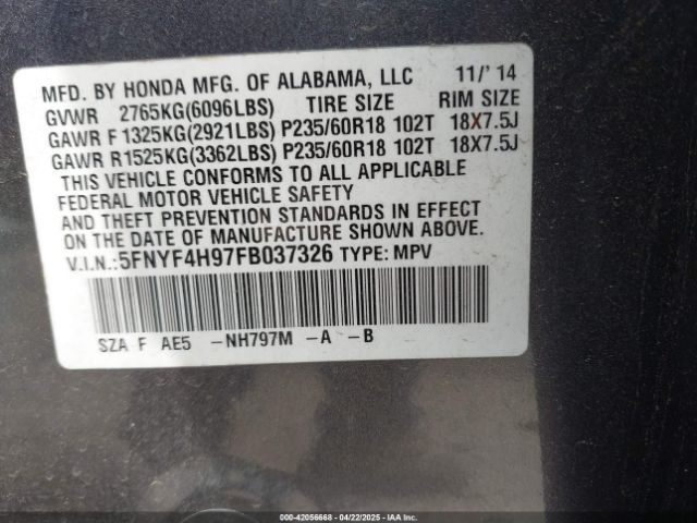 5FNYF4H97FB037326 Honda Pilot Touring