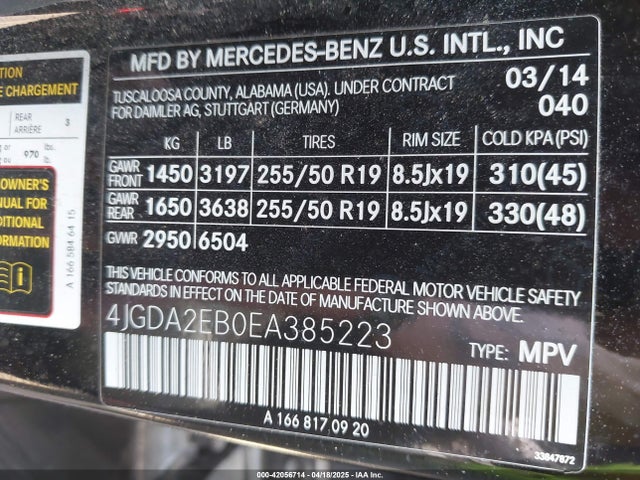 4JGDA2EB0EA385223 Mercedes-Benz M-class Ml 350 Bluetec