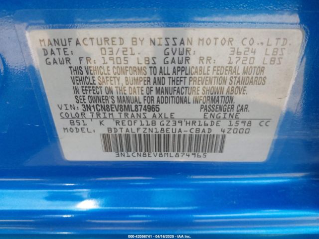 3N1CN8EV8ML874965 Nissan Versa Sv Xtronic Cvt