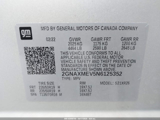 2GNAXMEV5N6125352 Chevrolet Equinox Fwd Rs